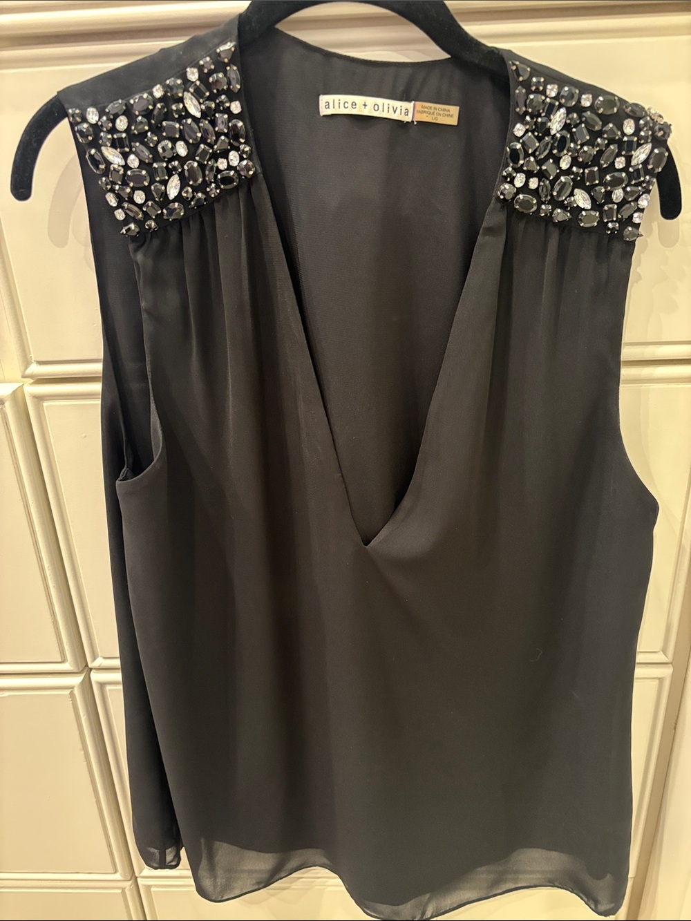 Alice + Olivia Black Sleeveless V-Neck Top with Crystal-Embellished Shoulders